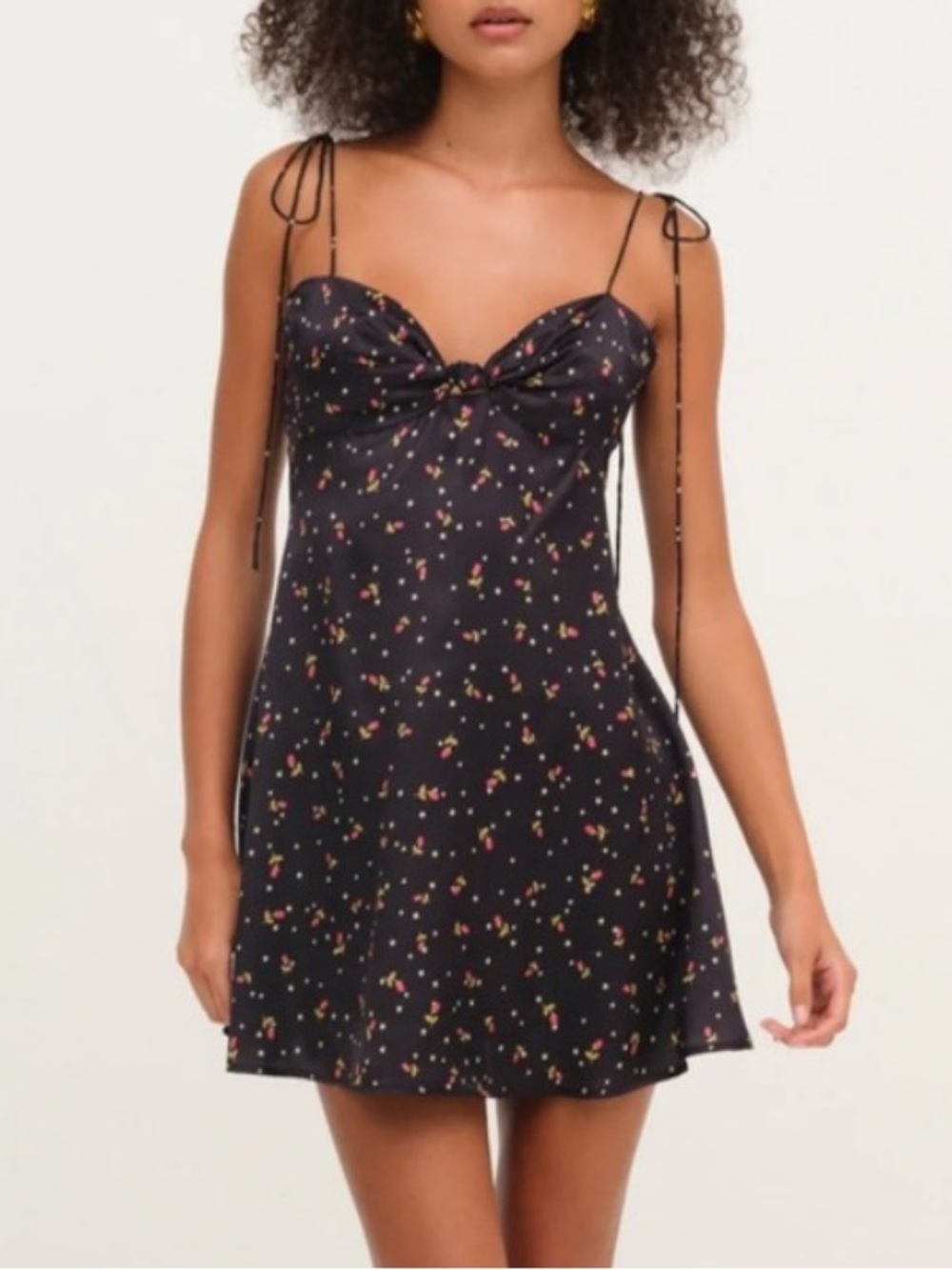For Love & Lemons Adira black satin floral tie shoulder sweetheart mini dress XS